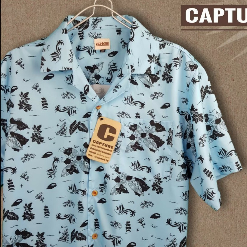 เสื้อฮาวาย ผ้าไหมอิตาลี ผ้าลื่นพริ้ว ลายใบไม้ศิลป์ สีฟ้า Hawaii shirt Men shirt CAPTURE Brand
