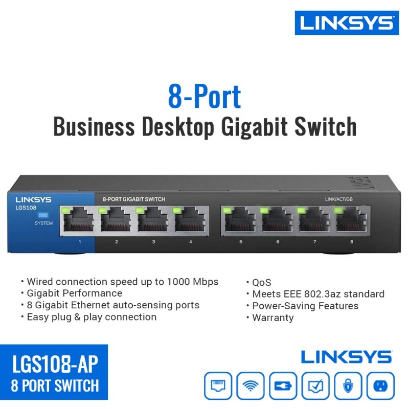 LINKSYS (LGS108-AP) Gigabit Switching Hub 8 Port 10/100/1000 (6'')