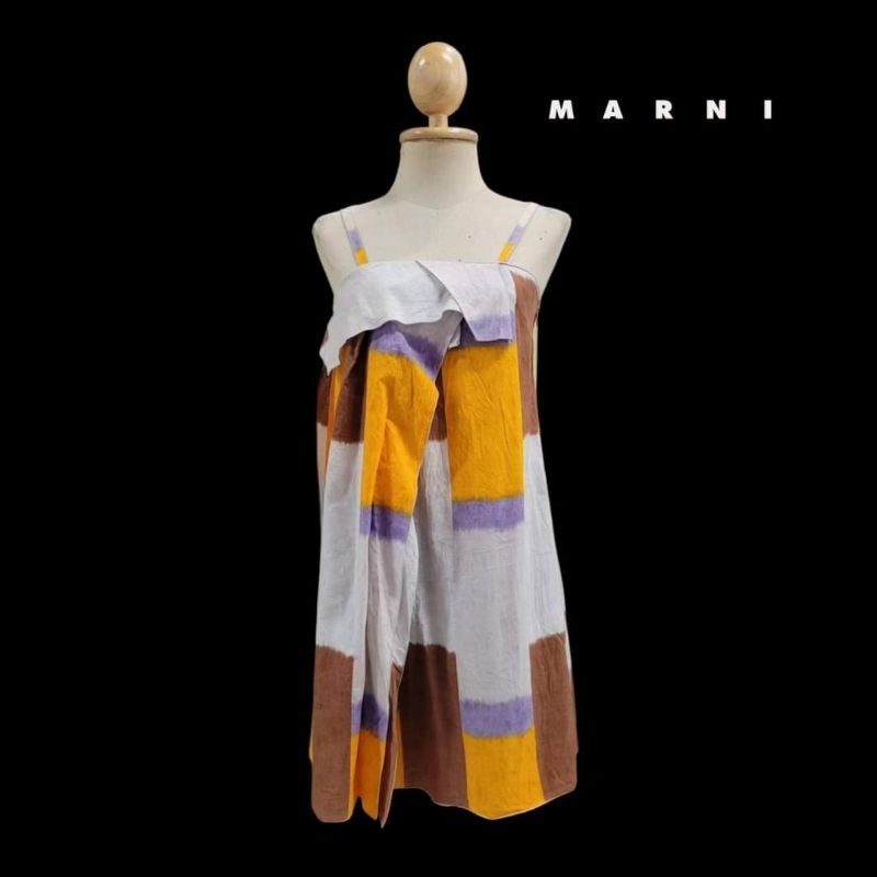 Marni Ruffle-trim Color Block Strappy Silk Dress