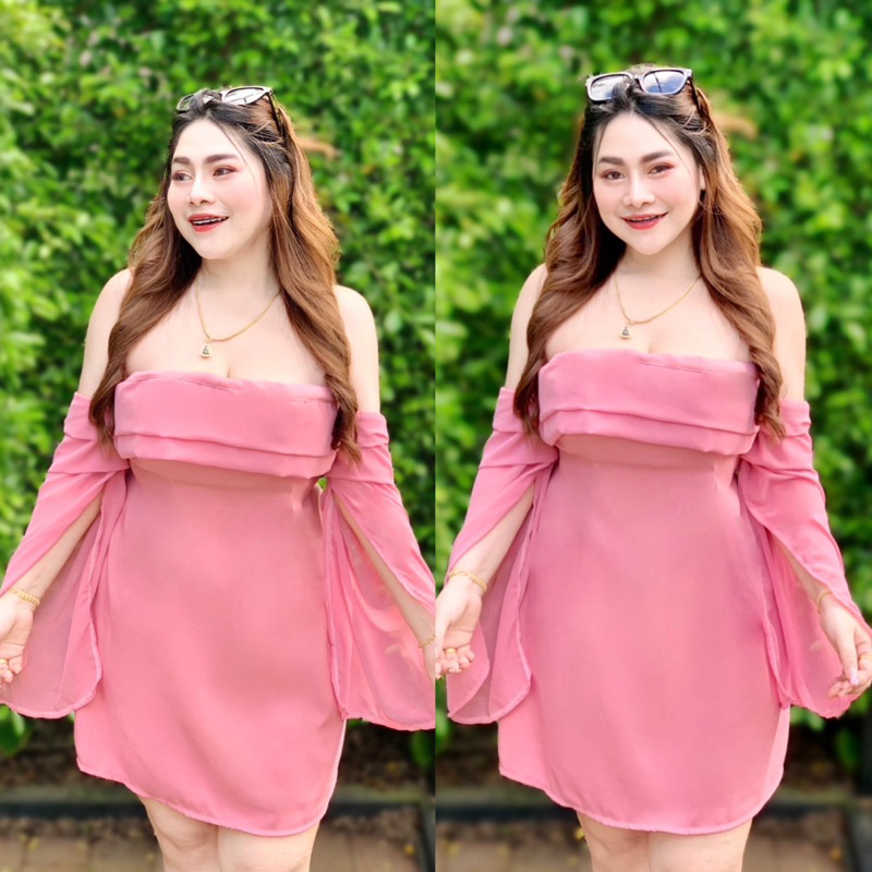 NT632 เดรสออกงาน คาเฟ่ ทะเล ซาร่าพริ้วแขนชีฟองผ่า สาวอวบ