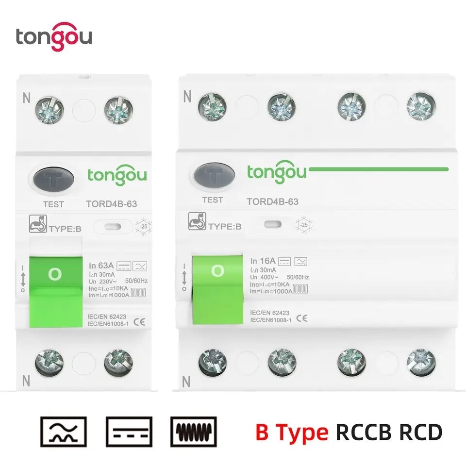 Tongou RCCB TYPE B เซอร์กิตเบรกเกอร์ป้องกันไฟรั่ว เบรคเกอร์กันดูด สำหรับงานรถยนต์ไฟฟ้า EV Charger 2P 4P