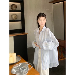 ล้างสต็อก SMDB15081 เสื้อเชิ้ตลายทางแขนยาวคอปกผู้หญิง oversize เสื้อคลุมกันแดดแฟชั่นเกาหลีย้อนยุค ผ้าไม่ติดตัว ใส่สบาย