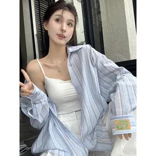ล้างสต็อก SMDB15081 เสื้อเชิ้ตลายทางแขนยาวคอปกผู้หญิง oversize เสื้อคลุมกันแดดแฟชั่นเกาหลีย้อนยุค ผ้าไม่ติดตัว ใส่สบาย