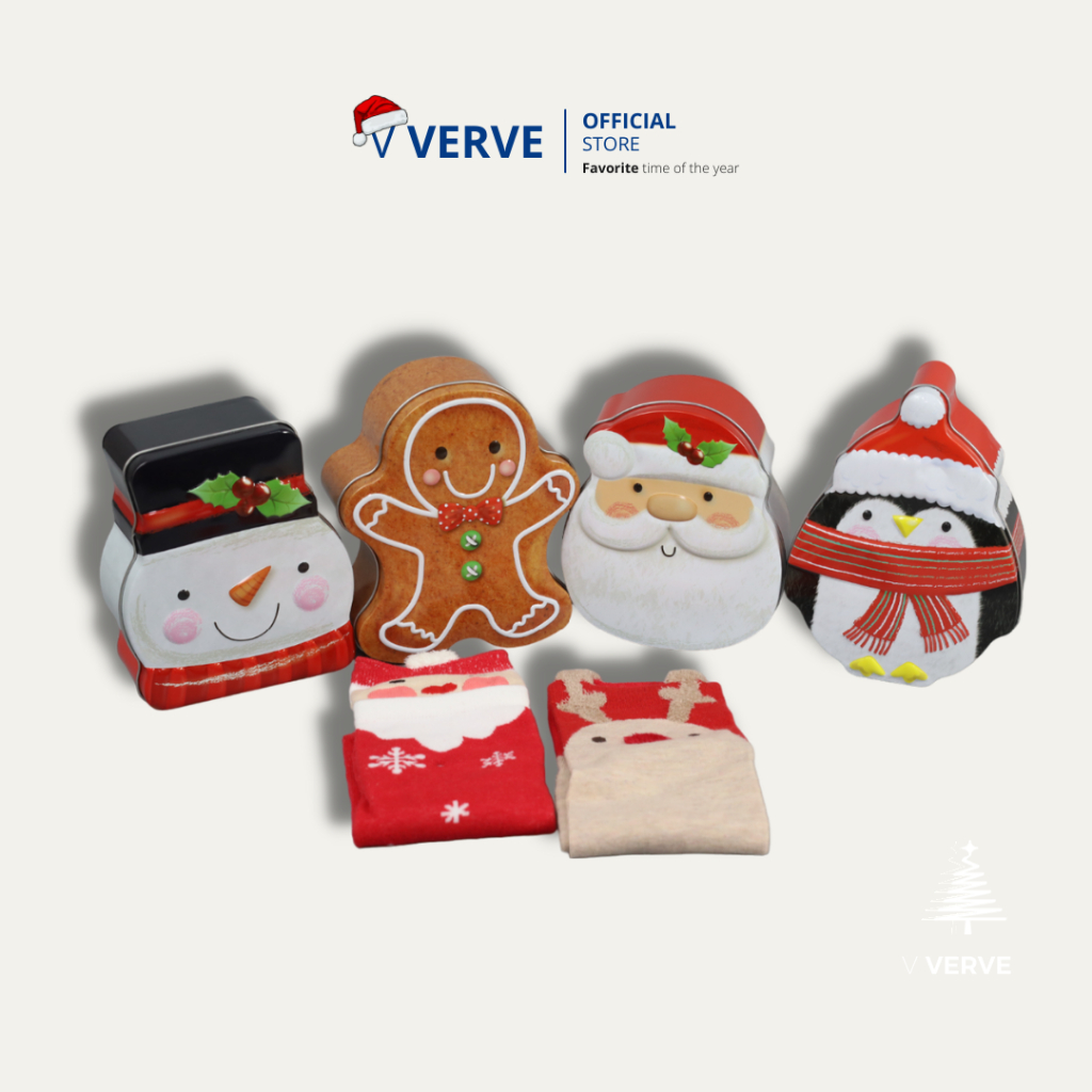 Verve - กล่องใส่ของขวัญ พร้อมถุงเท้า 2 คู่ ลาย Christmas กล่องเหล็กใส่ของขวัญ วัสดุเป็น Stainless คุ