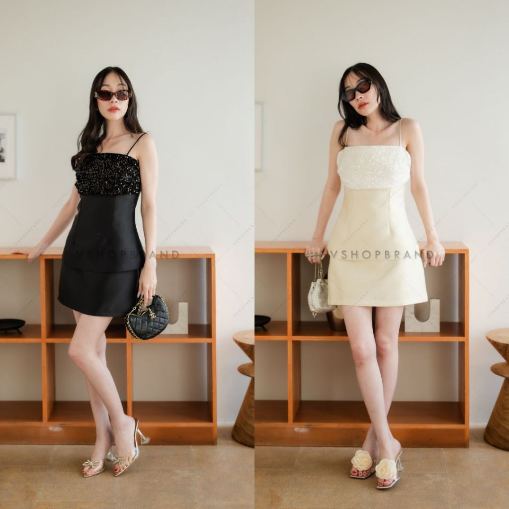พร้อมส่ง ชุดเข้าเซท เสื้อสายเดี่ยว แต่งกำมะหยี่กลิตเตอรือก + กระโปรงสั้น งานป้าย vshop