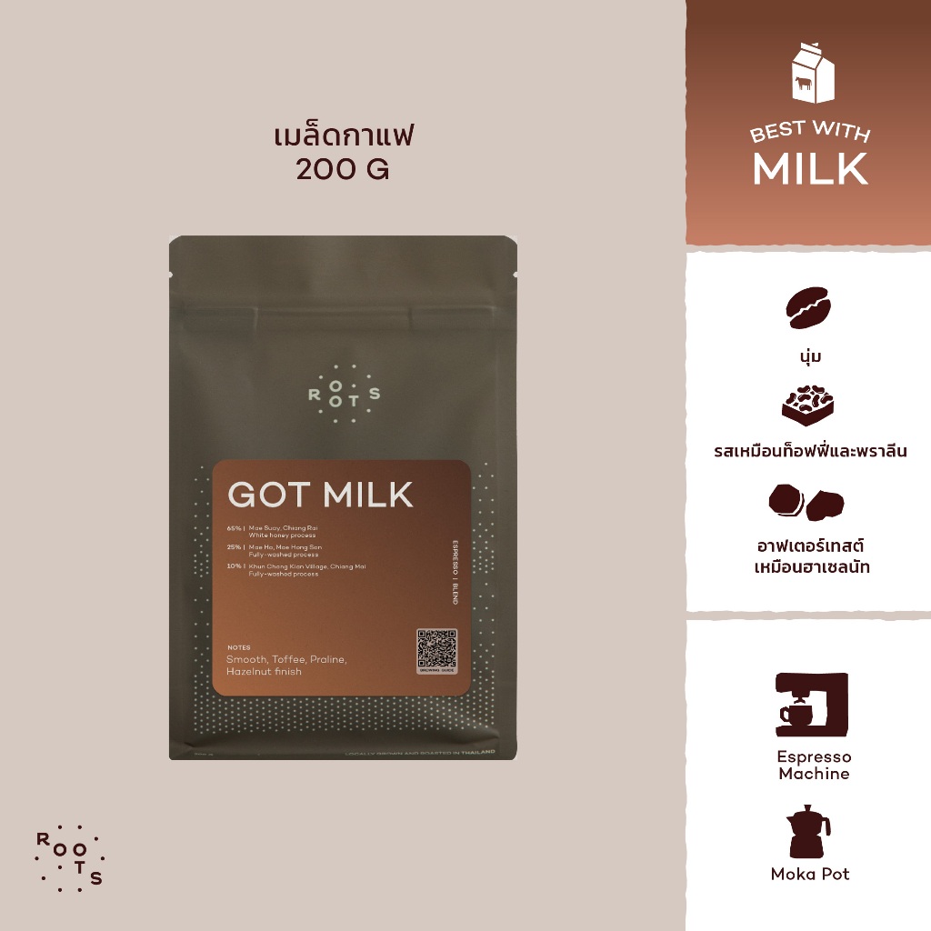 Roots Coffee เมล็ดกาแฟ Got Milk Blend ขนาด 200g คั่วระดับกลาง เหมาะสำหรับชงแบบ Espresso และ Moka Pot