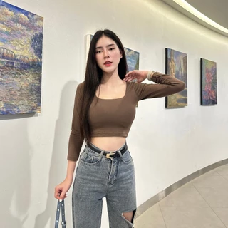 🌈SpinnyHouse🌈เสื้อครอปแขนยาว ผ้าเรย่อนยืดเยอะ ทรงคอเหลี่ยม 🧸ผ้ากระชับไม่ร้อนใส่สบาย ใส่ถ่ายรูปคือปัง รุ่น 191