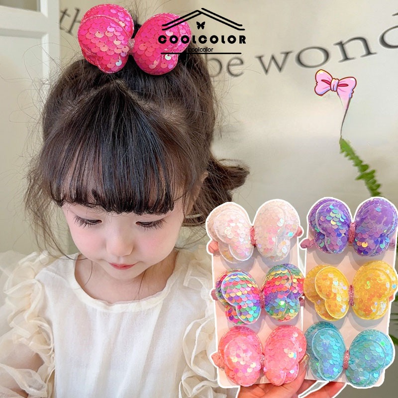 ส่งจากไทย ยางรัดผมใหม่เลื่อมสีลายผีเสื้อผมหางม้าเด็กผู้หญิงเครื่องประดับผมนำเข้า.COD