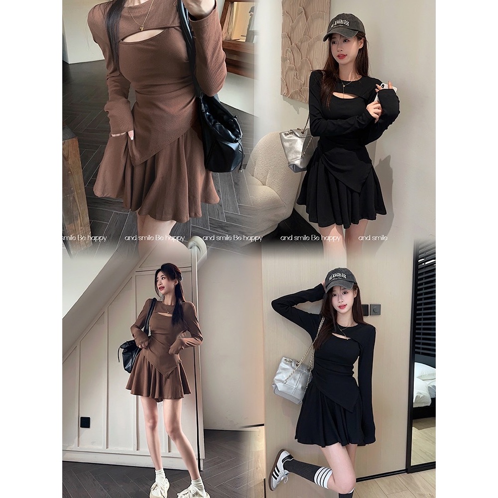 MKL พร้อมส่ง แฟชั่นชุดเดรสแขนยาว กระโปรงสั้น เอวยืด ผ้านิ่มมาก มี2สีให้เลือก# DS395