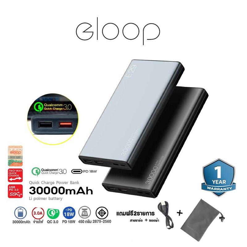 Powerbank Eloop E29แท้มี มอก รับประกัน1ปี มาพร้อมFast Charger Quallcom3.0 เร็วแรง ชาร์จได้หลายครั้ง