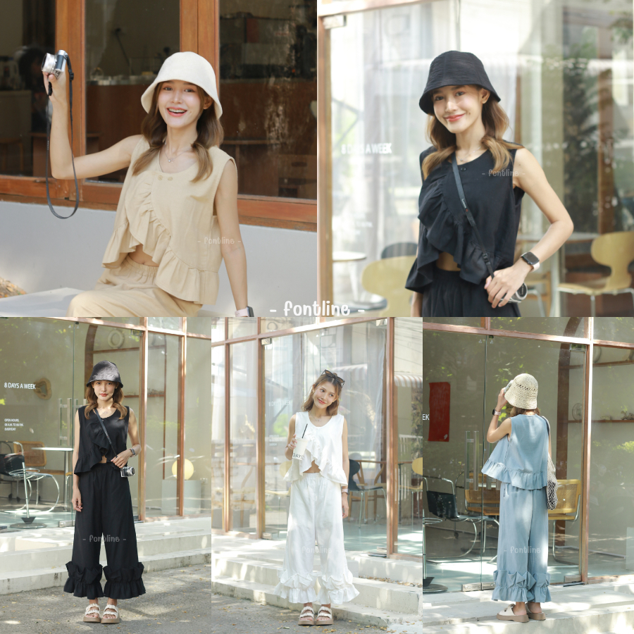 [รอบอก38,44] Elle set เซ็ตเสื้อแขนกุดชายระบาย กับกางเกงขายาว แต่งปลายขา ฟรีไซส์ ผ้าฝ้ายเกรดฟอกนิ่ม สไตล์เกาหลี (V39)