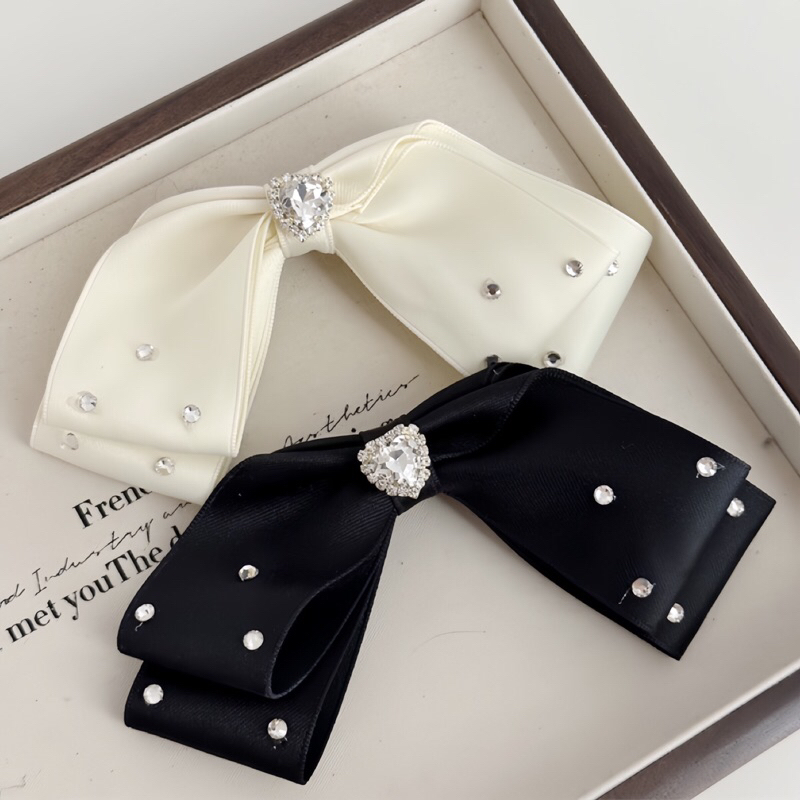 PSS กิ๊บโบว์ 2ชั้น สไตล์ฝรั่งเศส ประดับเพชร โบว์ติดผม [ปากเป็ด]