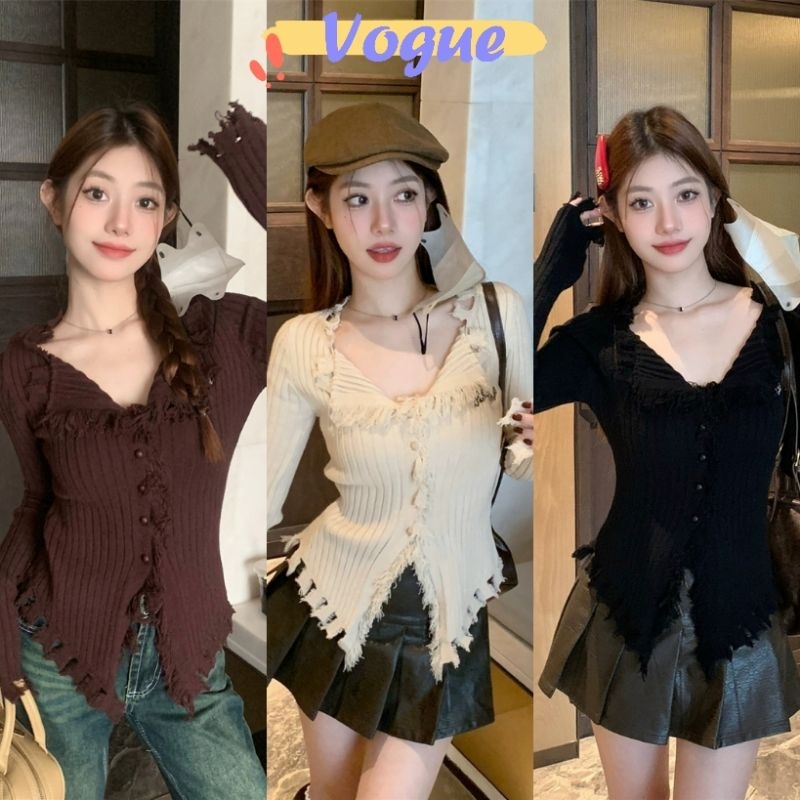 Vogue พร้อมส่ง เสื้อไหมพรมแขนยาว ดีเทลขอบระบายขาดๆเก๋ๆ (OY001) -C