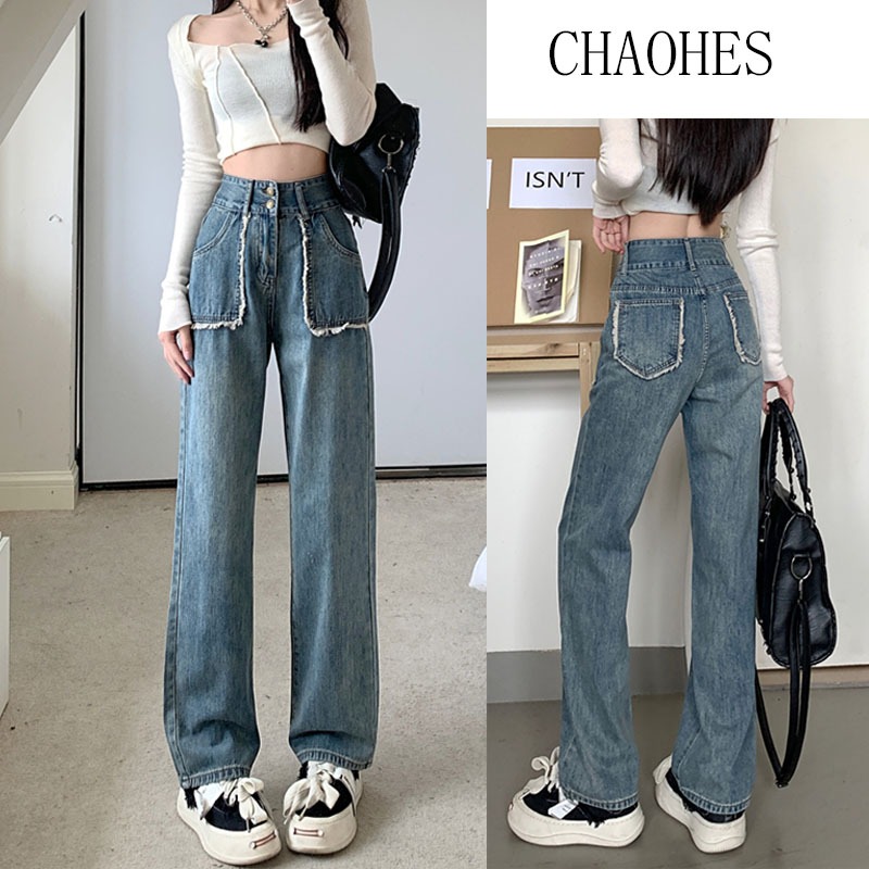 GHAOHES กางเกงยีนส์ สไตล์เกาหลี ผู้หญิง เอวสูง ชุดลำลอง ยีน ส์ข นาดบวกS-5XL
