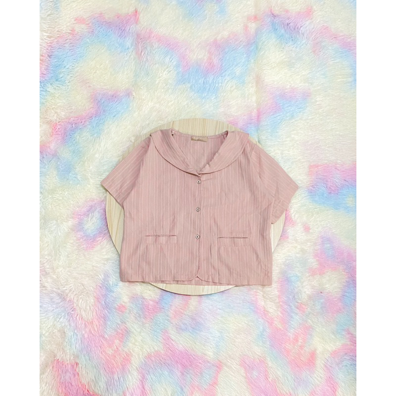 🌷เสื้อคอบัวเเขนสั้นสีชมพู ผ้าเปลืกไม้งานป้าย ไอจีjune june shop🌷