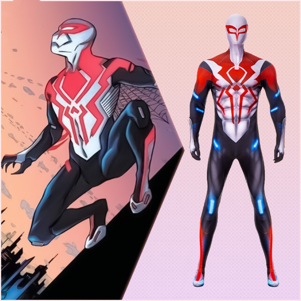 เกม Spiderman 2099 คอสเพลย์เครื่องแต่งกาย Miguel O'Hara สีดำและสีขาว Romper ฮาโลวีนการ์ตูน Props โบ