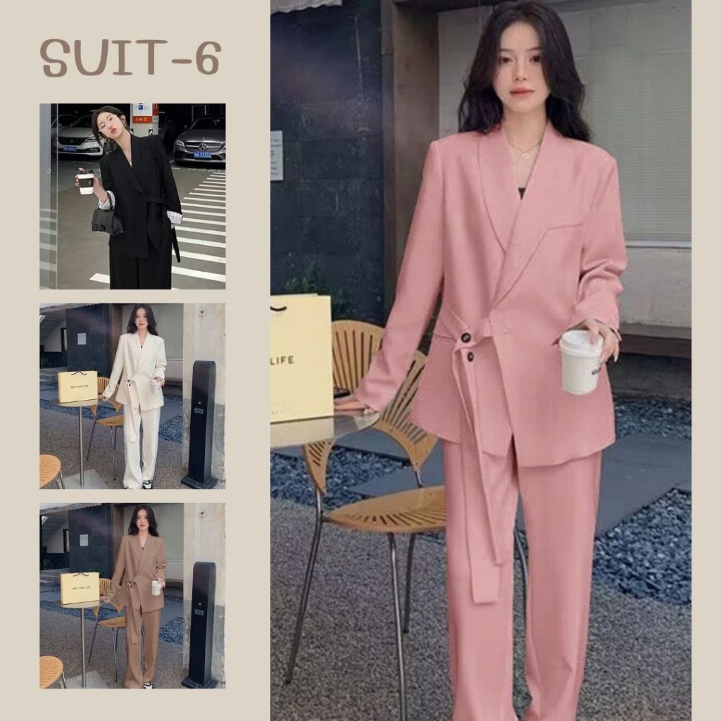 SUIT-6 ชุดเซ็ต เสื้อสูทใส่ทำงาน เสื้อแขนยาว กางเกงขายาว สายยาวติดกระดุมด้านข้าง สำหรับผู้หญิง สินค้าพร้อม
