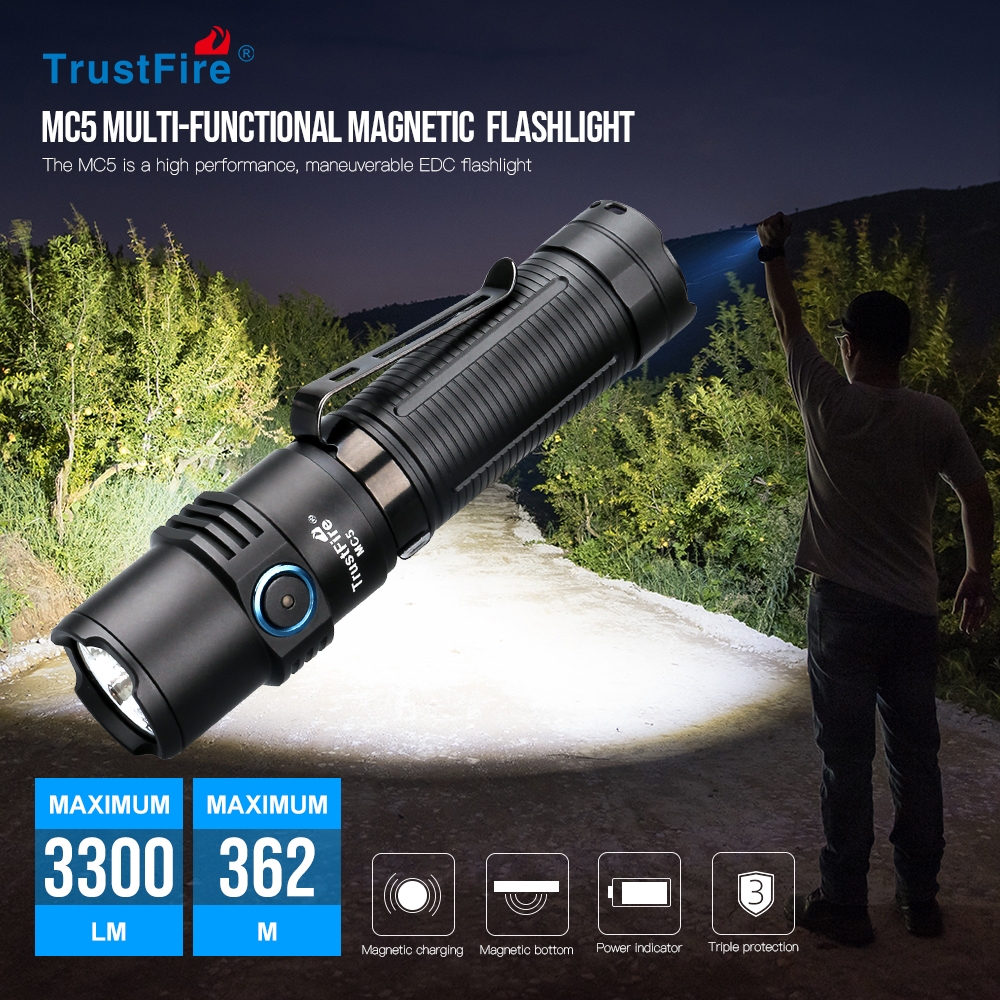 Trustfire MC5 LED ไฟฉายไฟฉายแบบชาร์จไฟได้ EDC 21700 คบเพลิงแบตเตอรี่พร้อมการชาร์จ USB แม่เหล็ก
