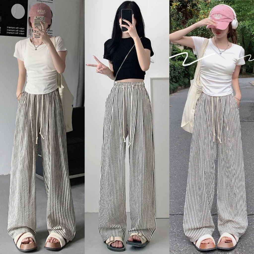 7สี กางเกงเอวสูง กางเกงขายาว ขอบแอวพร้อมสาย ลายทาง ผ้านุ่ม #60162