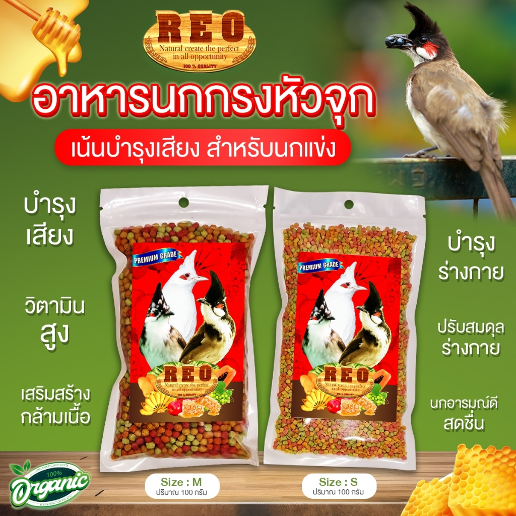REO อาหารนกกรงหัวจุก อาหารนกปรอด สำหรับนกกรงหัวจุก อาหารผลไม้นก ผลไม้อัดเม็ด รสธรรมชาติ 100 กรัม มีให้เลือก 2 ขนาด