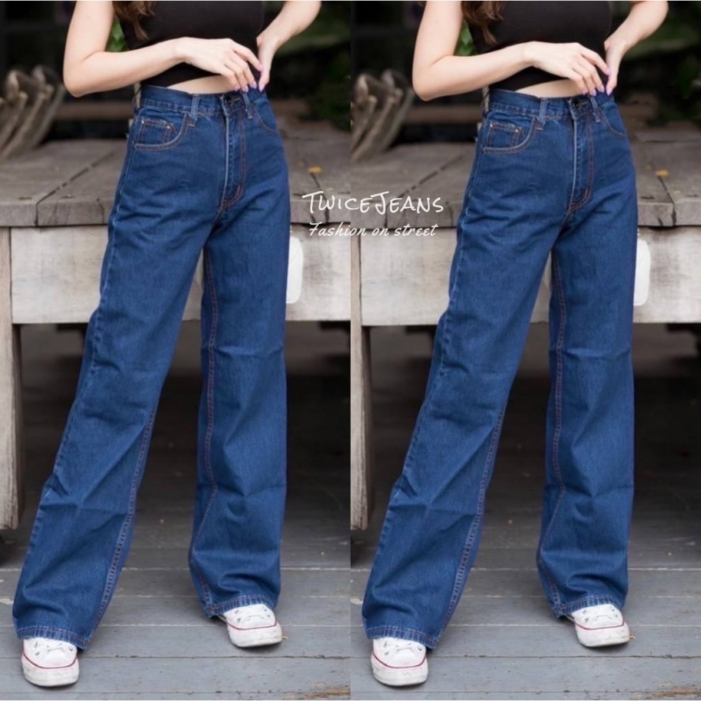 TwiceJeans ยีนส์ทรงกระบอก ผญ (S-5XL) เอวสูง สียีนส์เข้ม