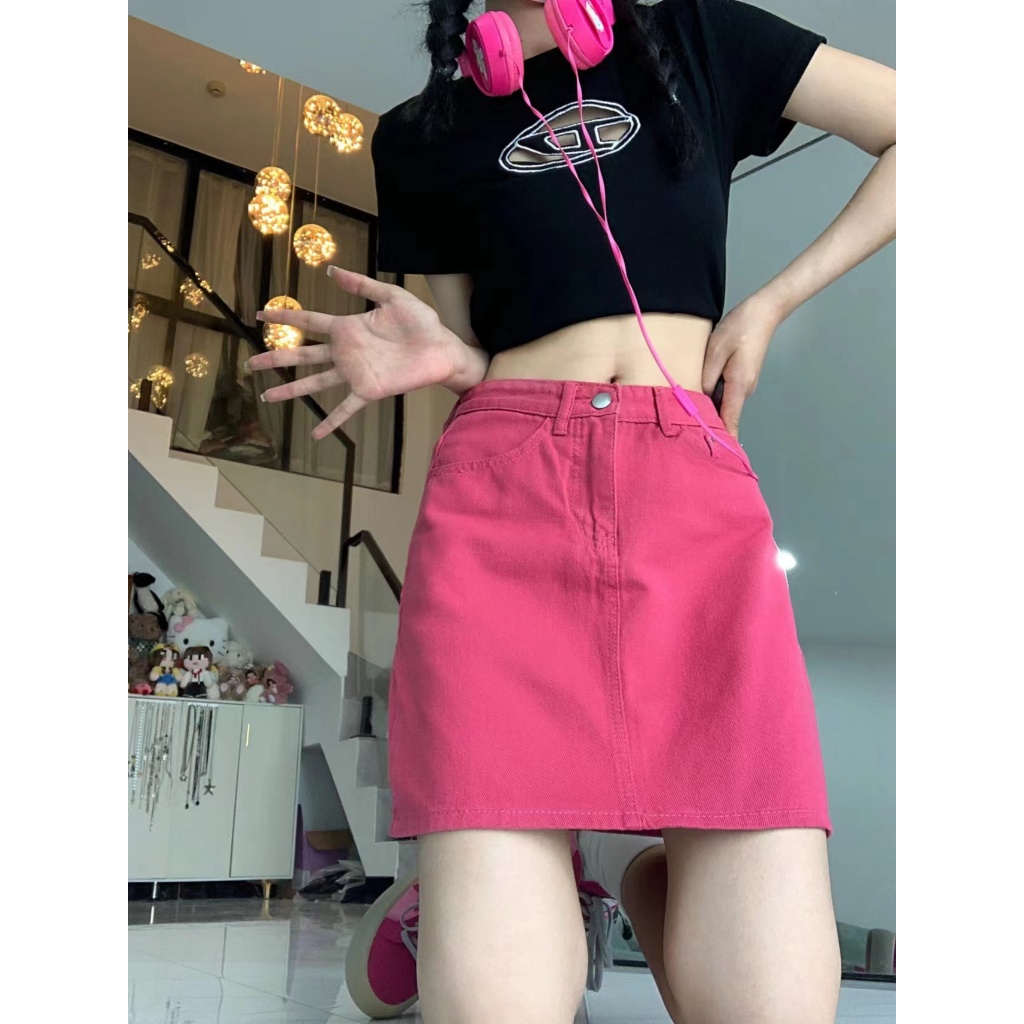 กระโปรงยีนส์เอวสูงทรงเอ มี 2 สีสไตล์เกาหลี สำหรับผู้หญิง พร้อมส่ง