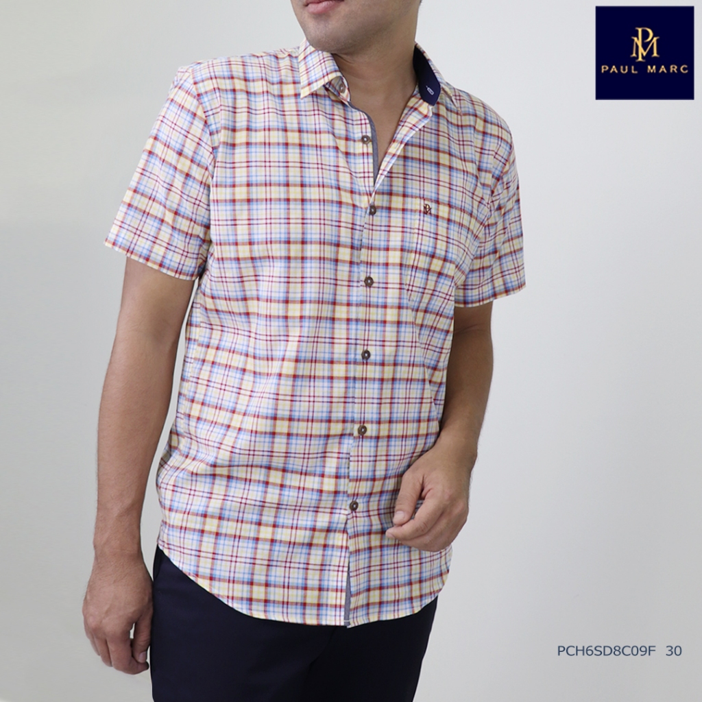PAUL MARC เสื้อเชิ้ตแขนสั้นลายสก็อต ลายเช็ค สีครีม casual fit ผ้าคอตตอน 100% PCH6SD8C09F