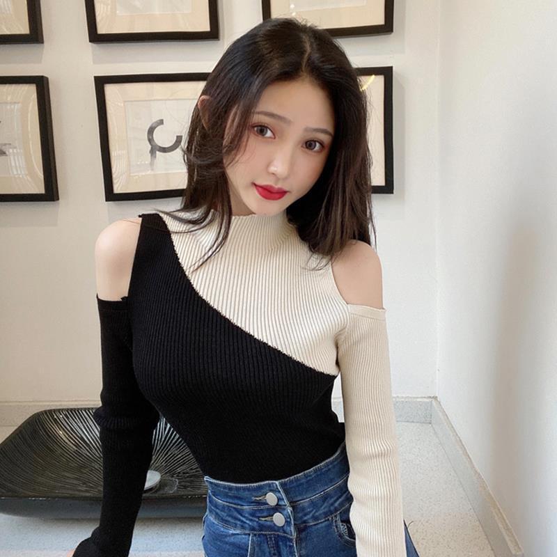 MVP🌈🌈2023 ดีไซน์สไตล์เกาหลี คอเต่าเปิดไหล่ครึ่งตัว ผ้าถักตัดกัน เสื้อเชิ้ตบอททอมทรงเข้ารูปสำหรับผู้ห