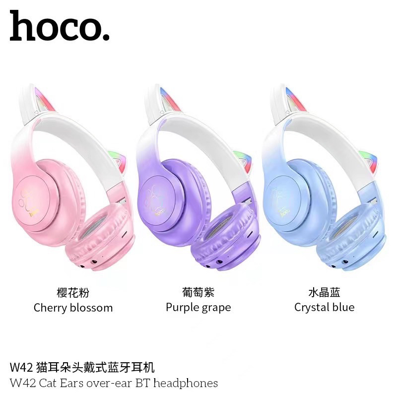 Hoco W42 Cat Ears over-ear headphone หูฟังบลูทูธไร้สาย มีไฟ LED รองรับการเชื่อมต่อ TF Card / 3.5 AUX