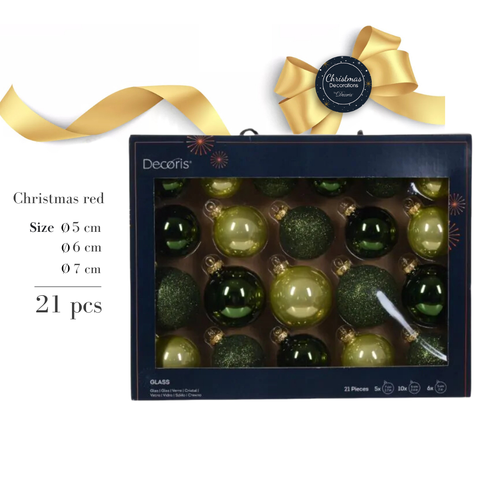 9149322 Green baubles glass mix 21pcs. (Ø5/Ø6/Ø7 cm)- Christmas Bauble ลูกบอลตกเเต่งต้นคริสต์มาส