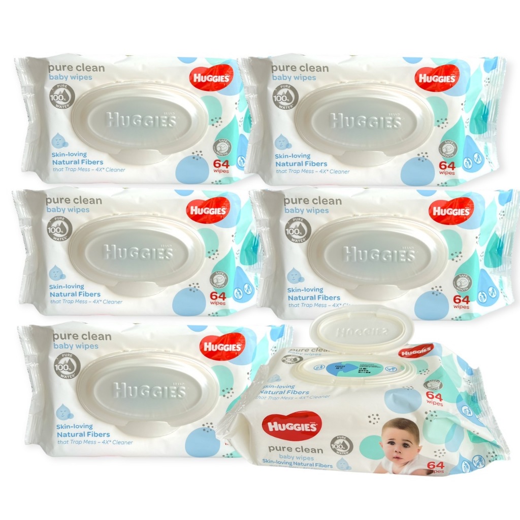 [แพ็ค 3 แถม 3] ใหม่! Huggies Pure Clean Baby wipes ผ้าเปียกฮักกี้ 64แผ่น จำนวน 6 ห่อ