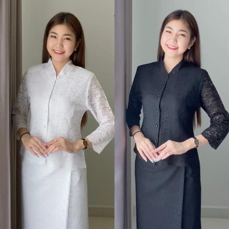 ชุดลูกไม้ราเชลสีขาวสีดำ ซับในทั้งเสื้อและกระโปรง ซับในอย่างดี ไซส์ 34“-46”