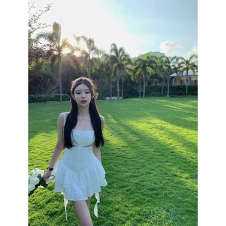 Cicishop(3167)มินิเดรสสายเดี่ยว ผ้าฉลุดอกไม้ ทรงสลิม ดีเทลเว้าหลัง แต่งระบายชาย สไตล์สาวหวานปนเซ็กซี่