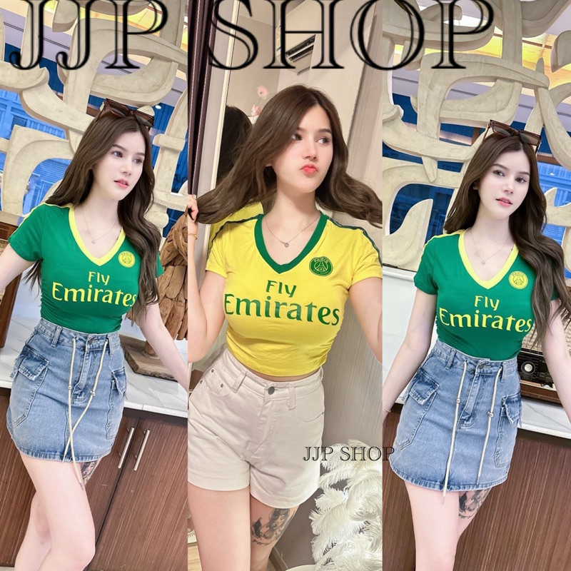 ใหม่ล่าสุด เสื้อบอลครอป โทนเหลืองเขียว พิมพ์ลายEmirats ใส่แล้วสวย หุ่นปังสุดๆ