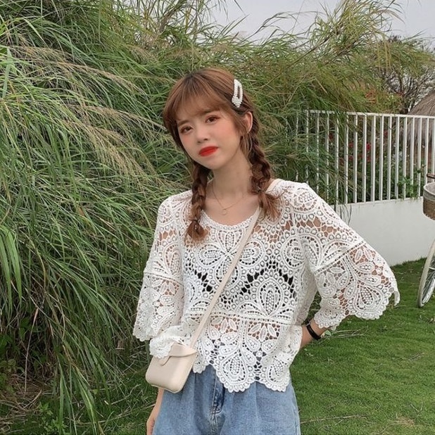 Knowyou_ เสื้อถักแฟชั่นแขนกระดิ่งมาใหม่ ลายถักละเอียดปราณีต ใส่เที่ยว ใส่ไปงานบุญงานบวช 2สีพร้อมส่ง
