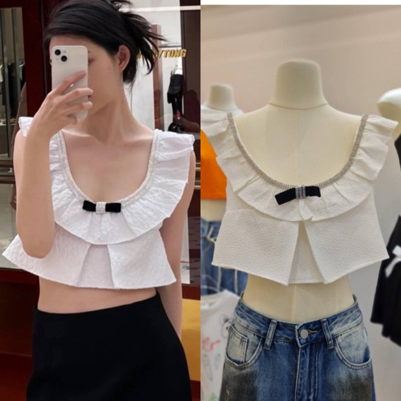mim i เสื้อครอปผ้าทอลายคอกระเช้าแต่งเพรช
