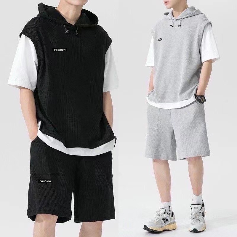 LDF เสื้อชุดผู้ชาย (เสื้อ+กางเกงขาสั้น) ดีไซน์เก๋ ขนาดมาตรฐาน（สีดำ สีเทา）TZ07