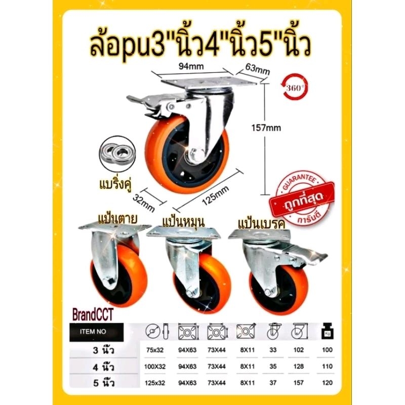 ล้อรถเข็น ลูกล้อ ล้อพียู ล้อPU ล้อยูรีเทน ล้อยูริเทน ส้มขนาด 3นิ้ว 4นิ้ว 5นิ้ว (แป้นS)