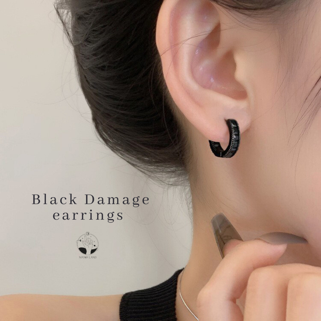 MNL💗Black Damage ต่างหูห่วง ประดับเพชรสีดำ ผู้หญิง ผู้ชาย เครื่องประดับแฟชั่น เงินแท้ ไม่ลอก สไตล์เท่ ของขวัญ ใส่ทุกวัน