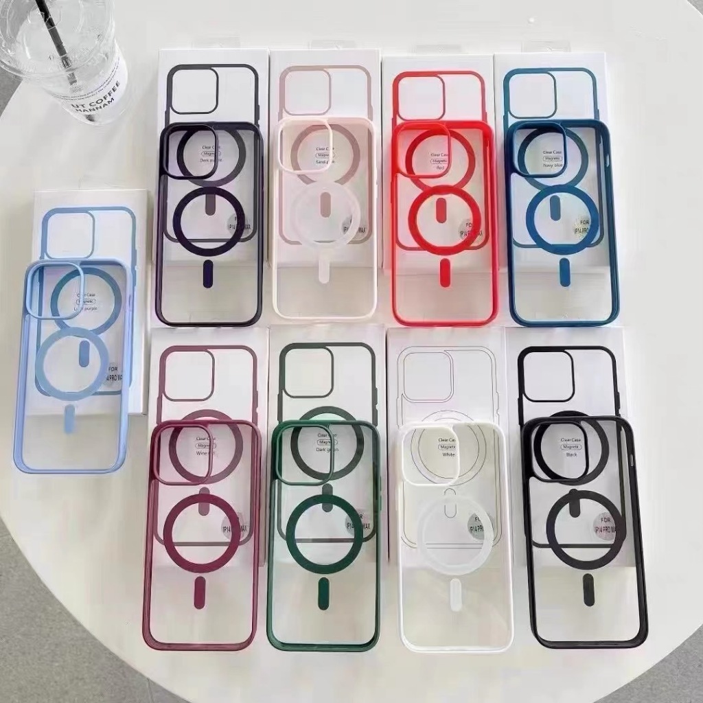 เคสอะคริลิคชาร์จได้ ขอบสี เปิดเลนส์กล้อง งานกล่องขาว for iPhone 15-15Promax-14-14Promax-13-13Promax-12-12Promax-11-14Pro