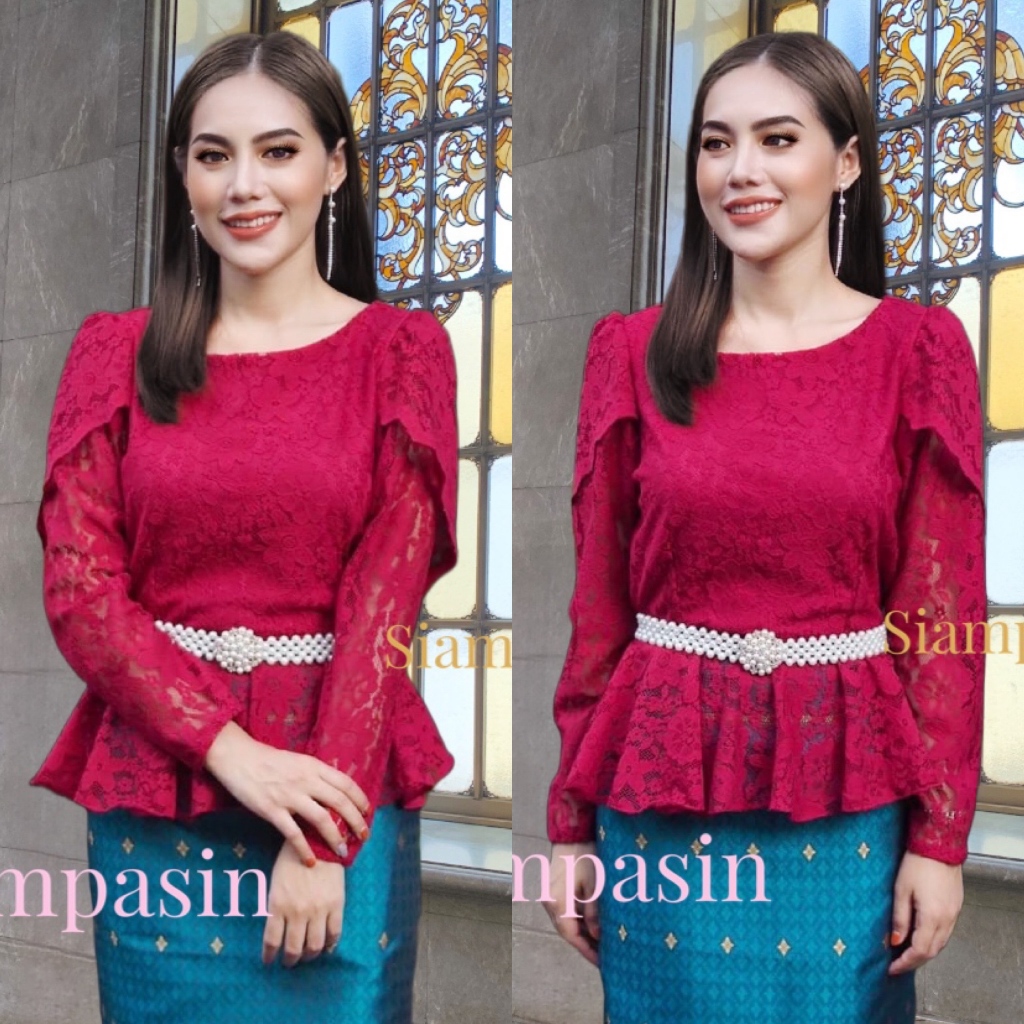 Siampasin🌸 สวยปังๆ เสื้อลูกไม้ ประยุกต์ ร5 อก 32-36, 34-38, 38-40, 40-42, 42-46 นิ้ว ชุดไทยแขนยาว สีแดง คอปาด Blouse