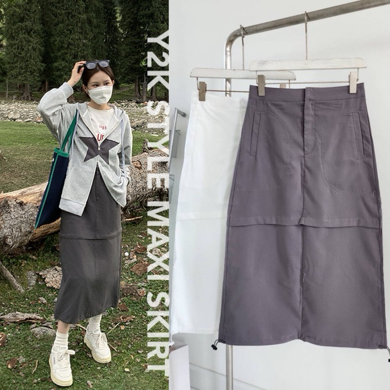 🍦mo.studio🍦CARGO SKIRT กระโปรงยาว คาโก้ ทรงเอ สไตล์ Y2K เอวต่ำ ( S M  )