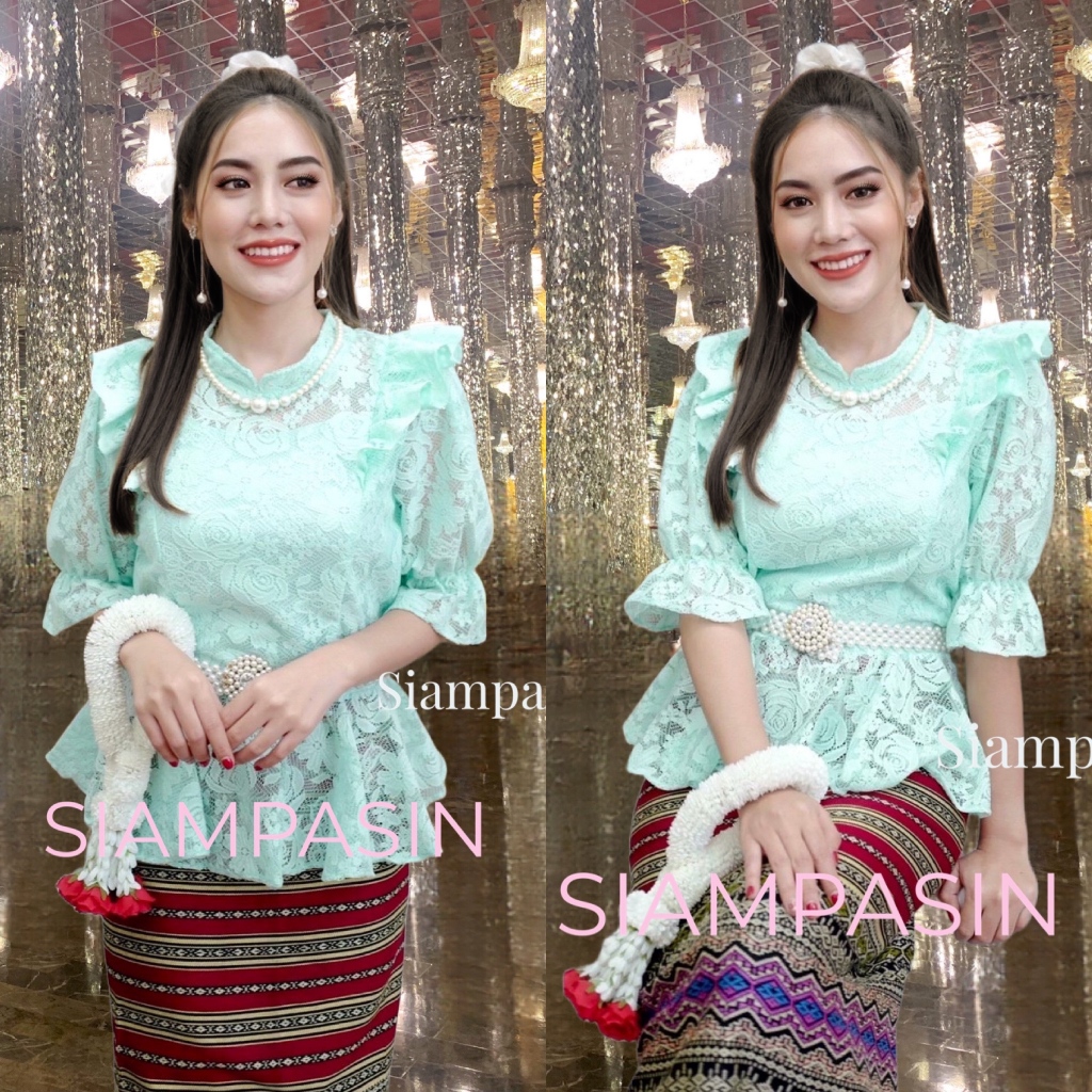 PTT เสื้อลูกไม้ ผ้านุ่มมาก ใส่ไม่คัน อก 32-36, 34-38, 38-40, 40-42, 42-46 นิ้ว สีเขียว ชุดไทย แขนสามส่วน blouse