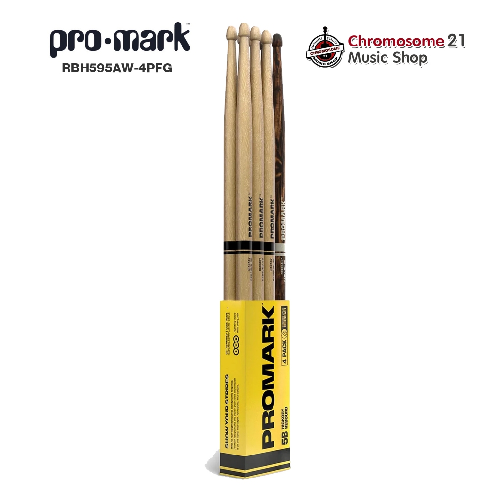 ไม้กลอง PROMARK 5B (แพ็ค 4 คู่). REBOUND 5A HICKORY & FIREGRAIN DRUMSTICK, ACORN WOOD TIP.-PM-RBH595AW-4PFG