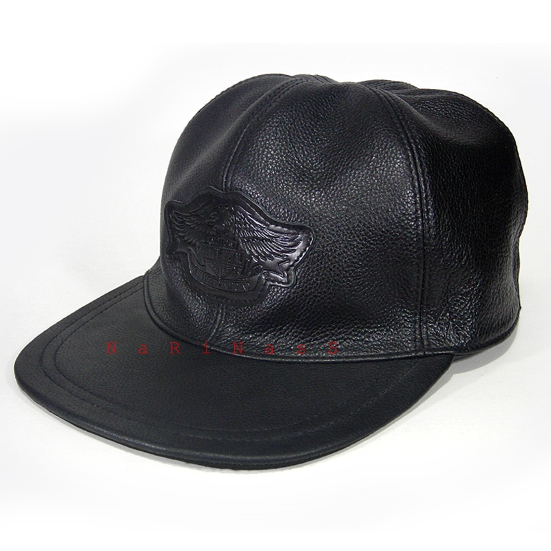 หมวกหนังแท้ หมวกแก๊ป รถชอปเปอร์  CAP MOTORCYCLE BIKER HEAVY-METAL LOGO Black Eagle Wings (#22)