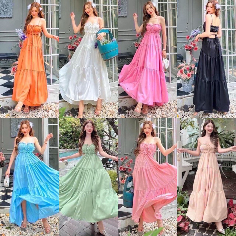 🧋Nunda Style🧋เดรสสายเดี่ยว กระโปรงยาวบานละมุนละไม ตัวกระโปรงระบายต่อกันเป็นชั้นๆ เคลื่อนตัวพริ้วไหวดูสง่างาม