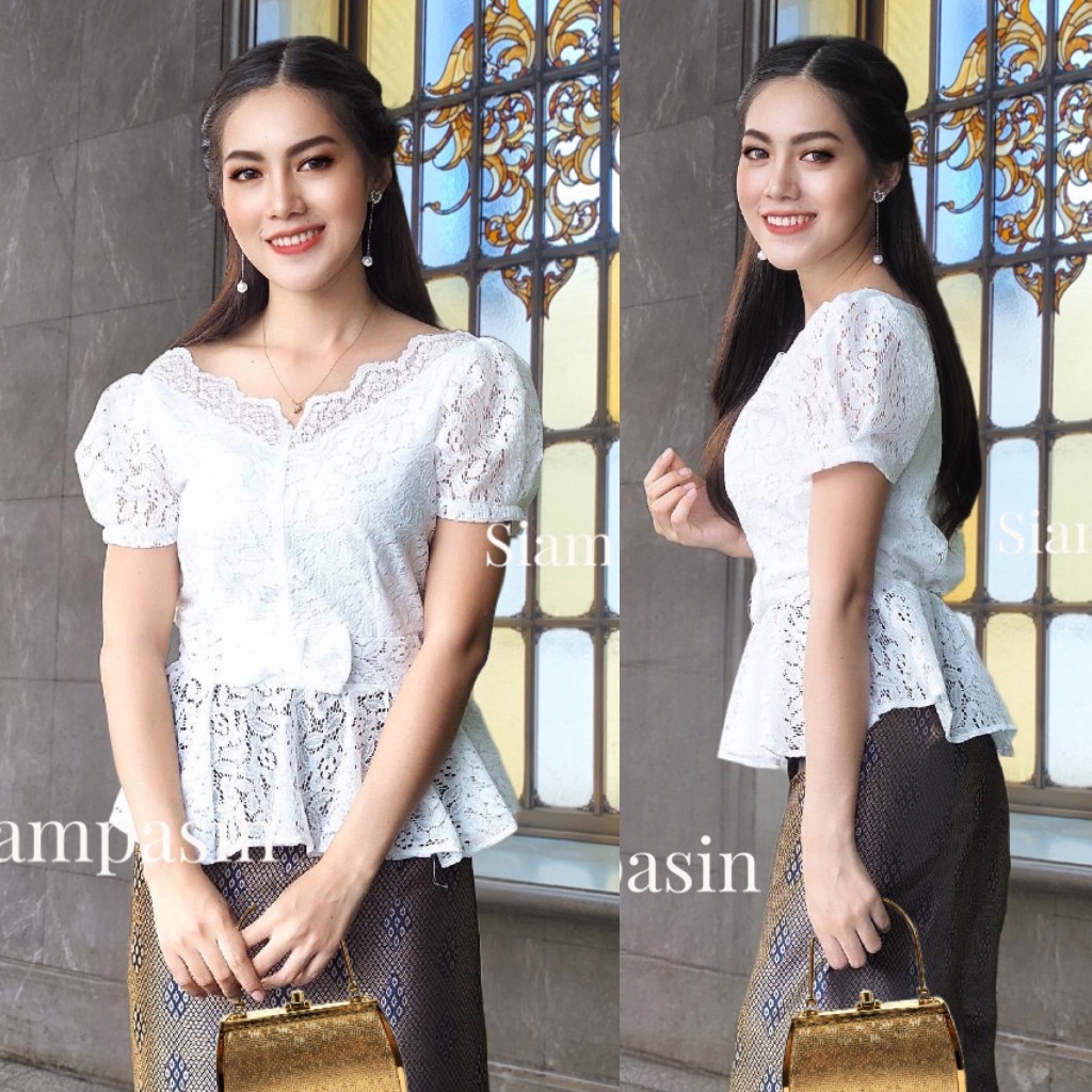 SPS เสื้อลูกไม้ ผ้านุ่ม ใส่สบาย อก 32-36, 34-38, 38-40, 40-42, 42-46 นิ้ว สีขาว คอวี ใส่งานบุญ งานแต่ง งานบวช โบว์ Blou