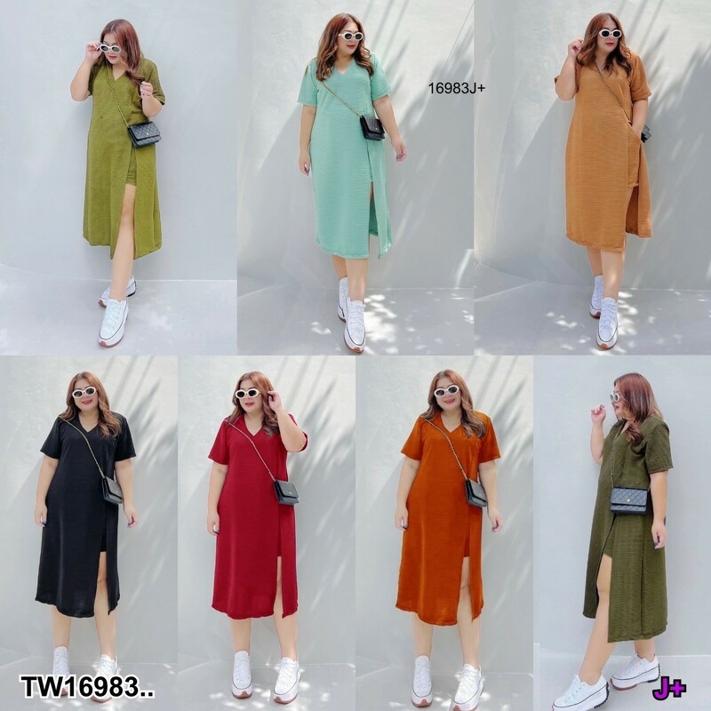 PP16983 Set #Bigsize 2 ชิ้น เดรสผ่าหน้า + กางเกงขาสั้น ..