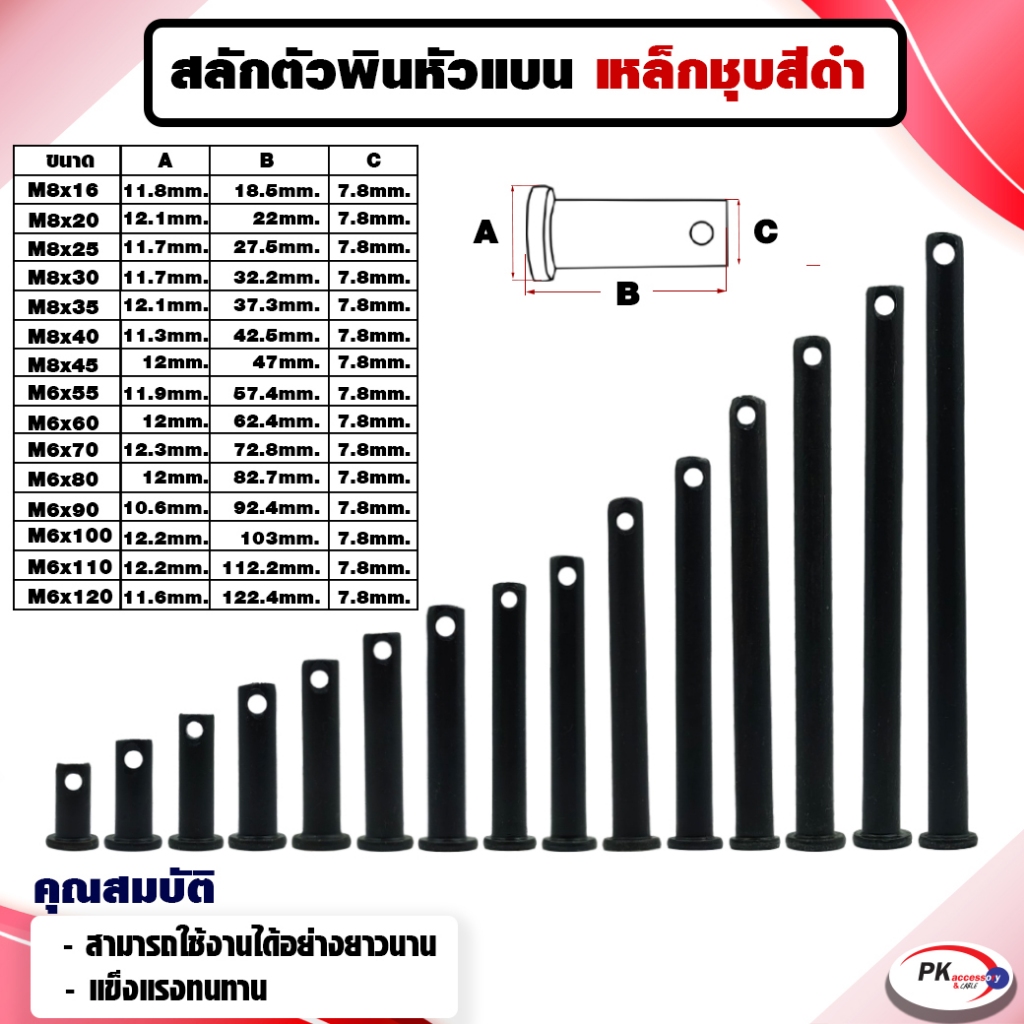 สลักพินหัวแบนสีดำเหล็กแข็ง (Steel Clevis Pin) ขนาด M8 ราคาต่อชิ้น