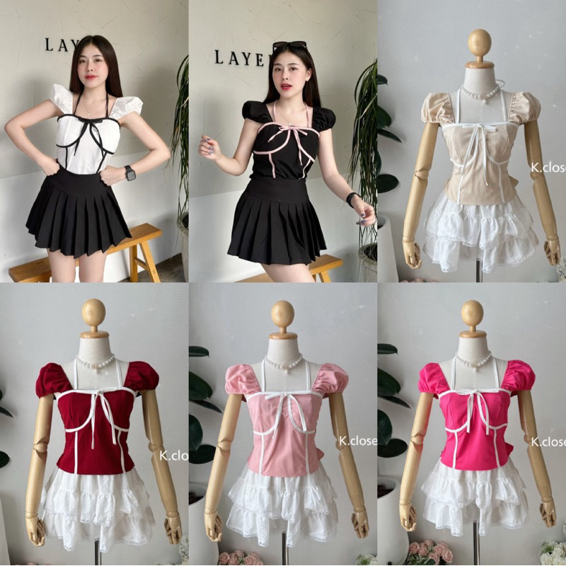 เสื้อแขนตุ๊กตา ปาดไหล่ ตัดขอบทูโทน(T075)